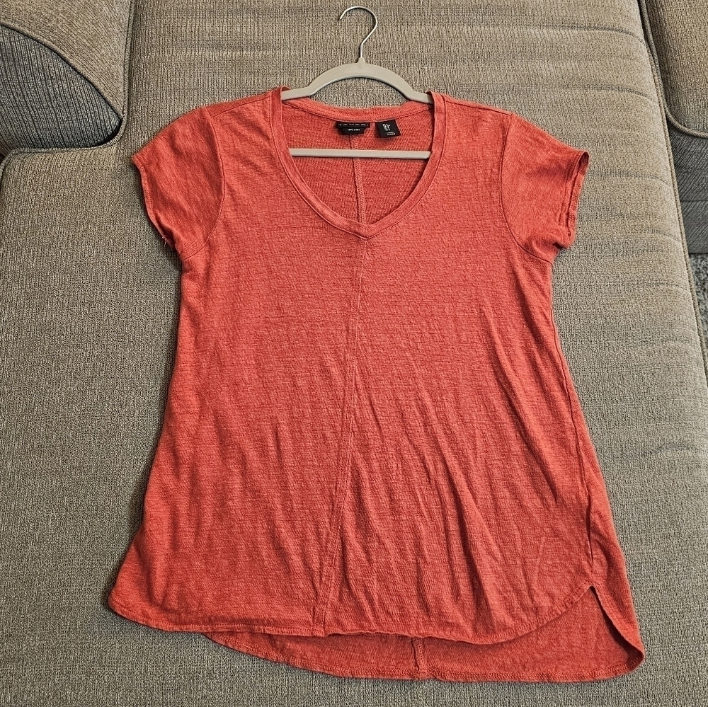 Tahari Linen Orange Lagenlook Slouchy V-Neck Casual Top Size Small